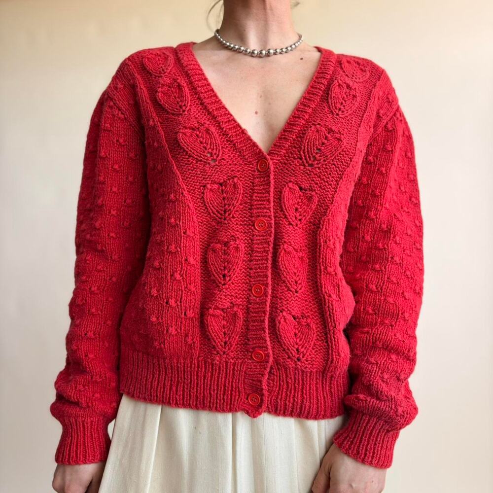 Carroll Reed Cherry Red V-Neck Cardigan - Chunky Knit with Heart Details, Size M